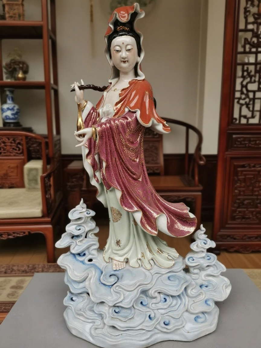 佛像景德镇雕塑手工描金观音菩萨站云自在观音摆件家用供奉庙宇70