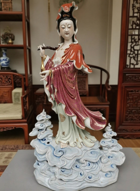 佛像景德镇雕塑手工描金观音菩萨站云自在观音摆件家用供奉庙宇70