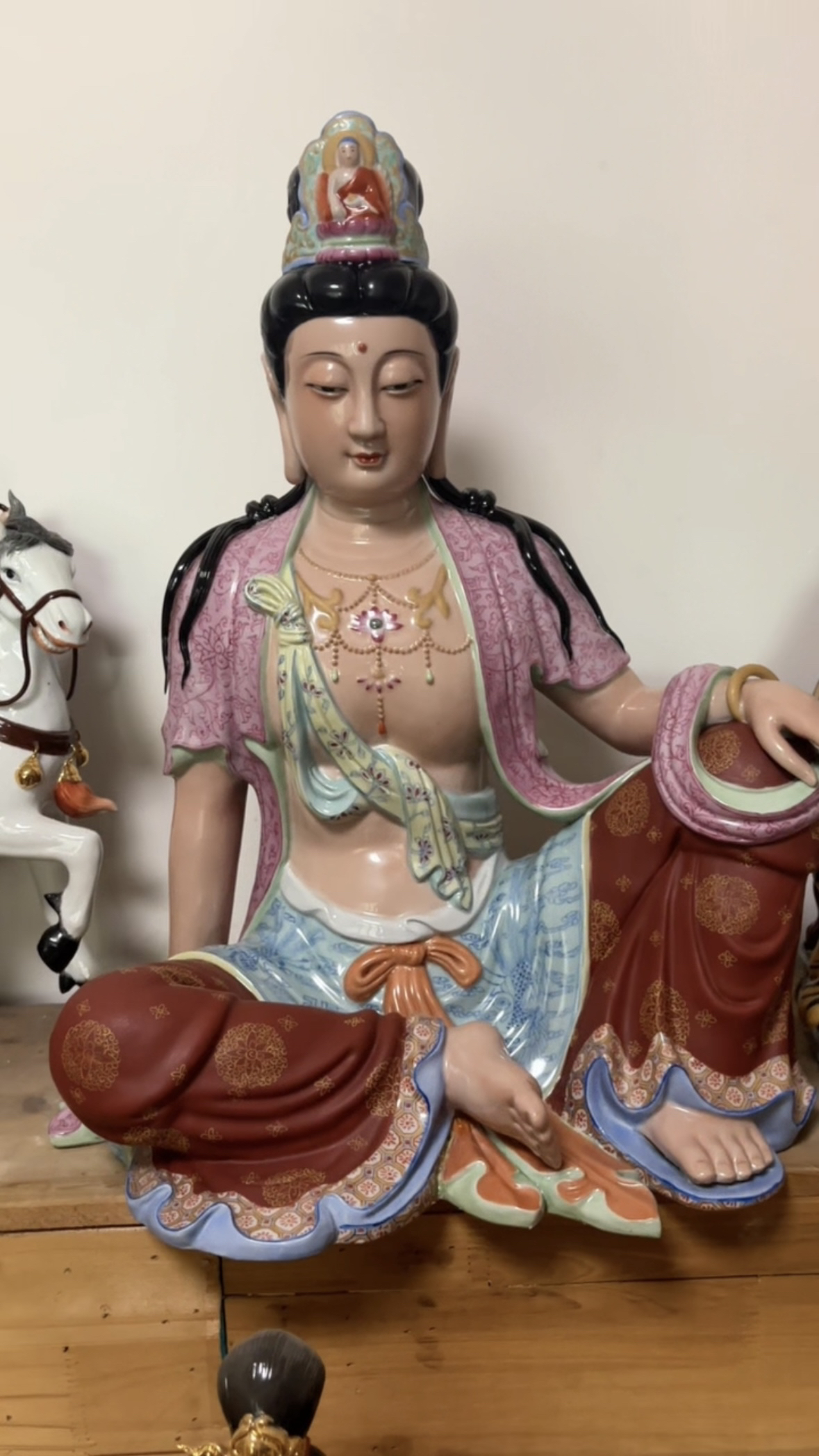 仿古彩陶瓷自在观音佛像雕塑家居供奉观音菩萨神像新中式摆件54cm