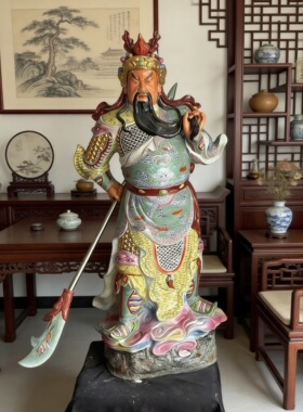 景德镇陶瓷武财神关公像摆件瓷雕像站关羽关二爷关帝圣君供奉1米1