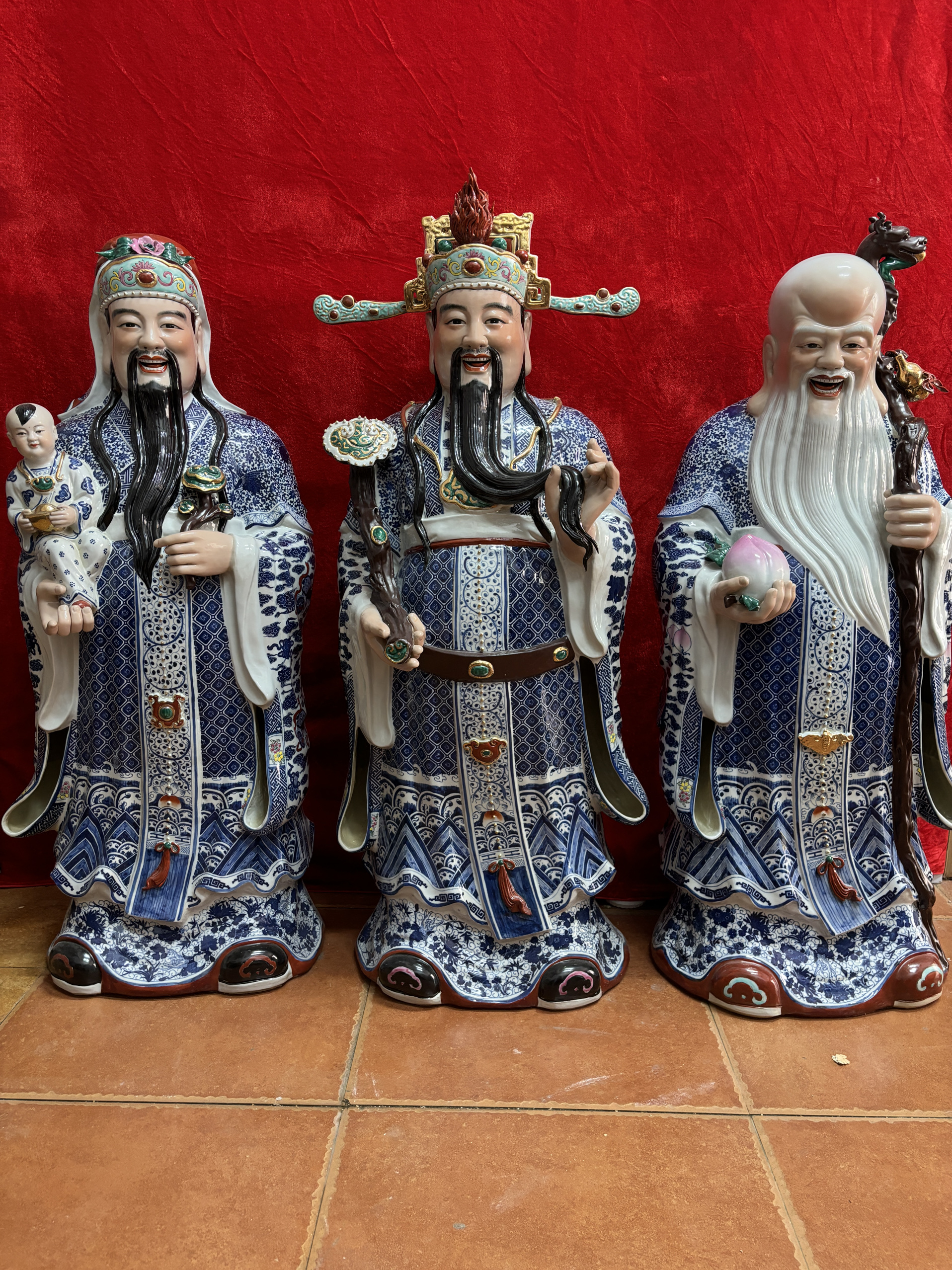景德镇福禄寿三星像站陶瓷器青花瓷雕塑神佛像手工佛堂寺庙供奉1m