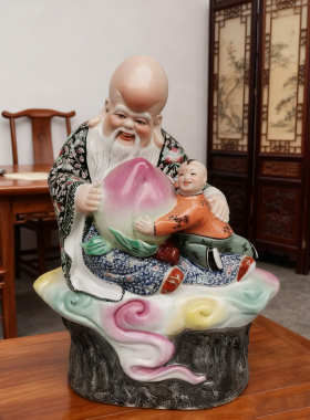 陶瓷寿仙仙桃雕塑摆件老人长辈祝寿贺寿高档寓意文化礼品礼物38cm