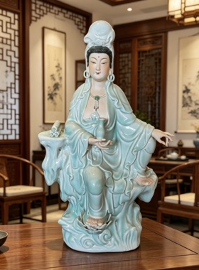 景德镇影青釉自在观音陶瓷器佛像家用供奉青瓷观世音菩萨摆件52cm