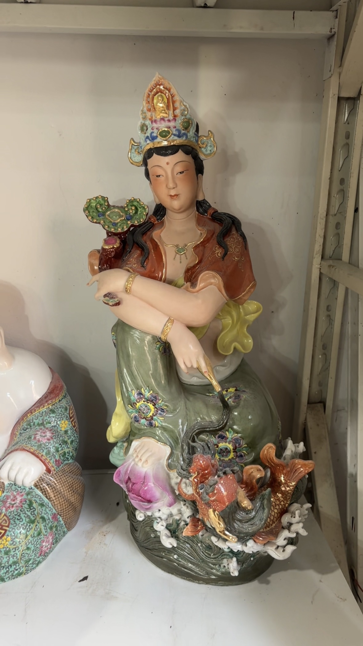 景德镇观音菩萨佛像雕塑陶瓷如意供奉摆件坐鱼龙观世音供奉神像60