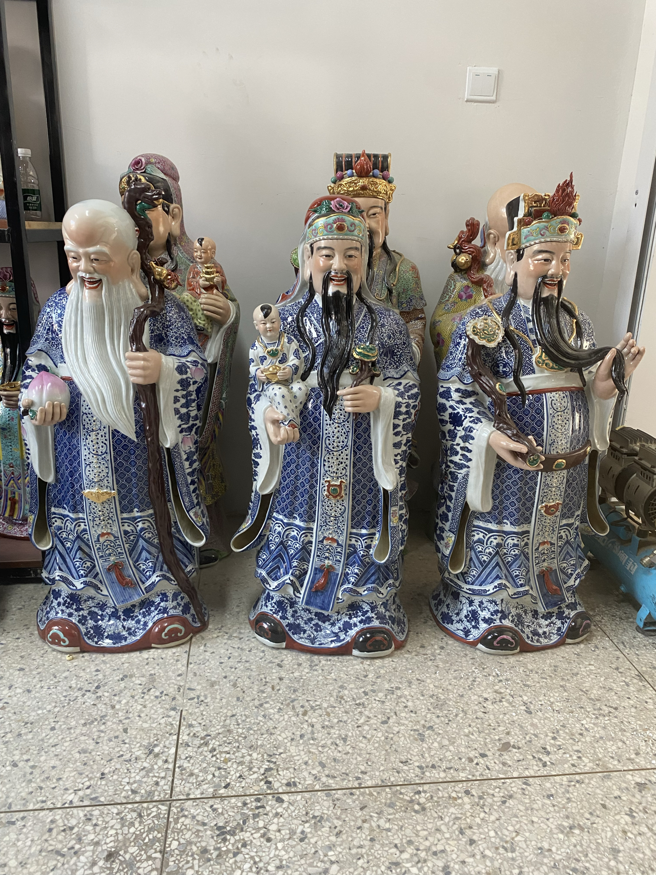 景德镇青花瓷三星福禄寿陶瓷器三星佛像供奉居家摆件人物雕塑一米