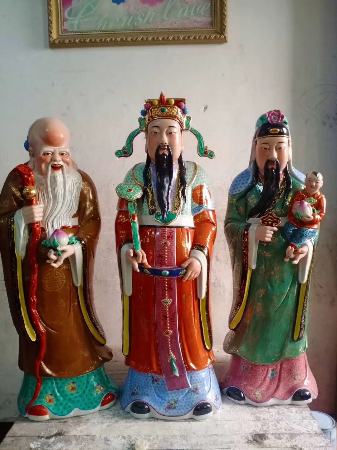 景德镇窑彩陶瓷器人物福禄寿三星雕像摆件招财纳福寿星神佛像76CM