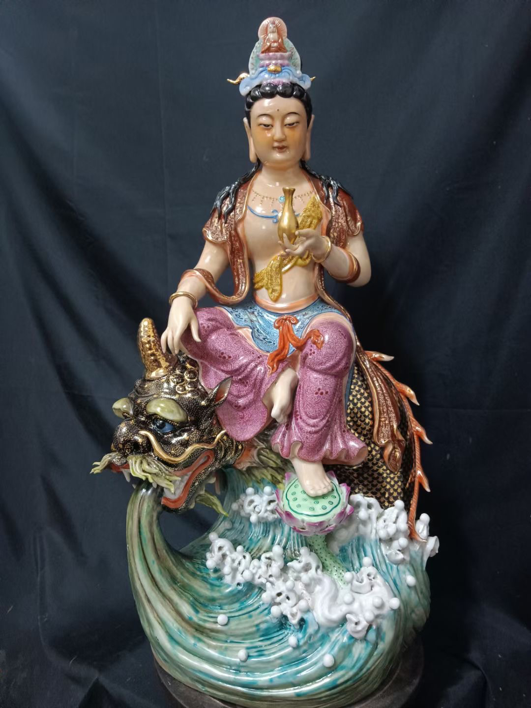 雕塑陶瓷骑独角龙观音佛像乘龙自在观音菩萨神像摆件供奉家用58cm