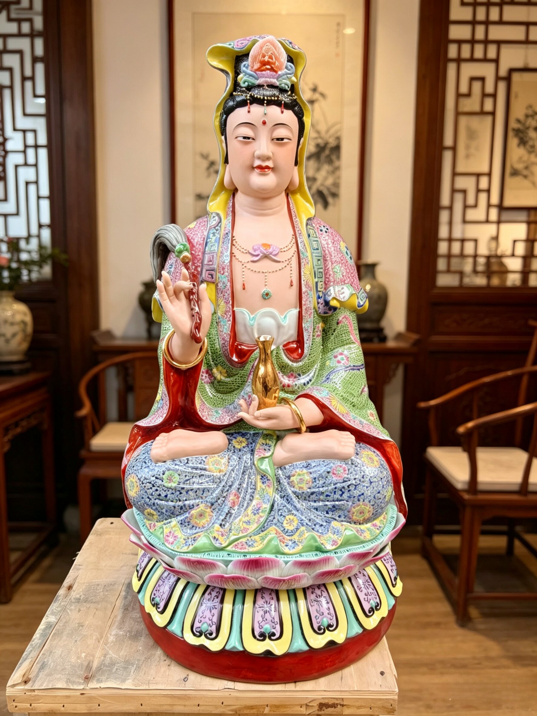 景德镇重工粉彩观音菩萨像坐莲净瓶陶瓷佛像家用佛堂供奉摆件78cm