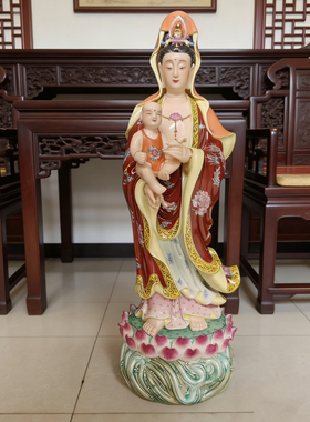 景德镇陶瓷手工雕塑神像观音菩萨送子娘娘供奉客厅佛堂装饰品47cm