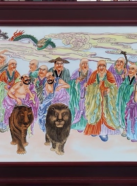 手绘瓷板画实木复古怀旧风景壁画中式客厅装饰画瓷画壁挂版画两米