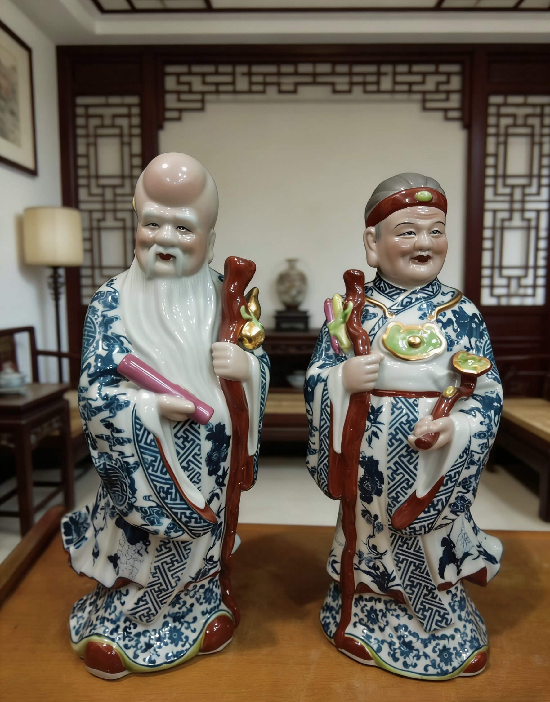 景德镇40CM高青花寿公寿婆陶瓷雕塑寿仙祝寿贺寿送老人礼品贺寿礼