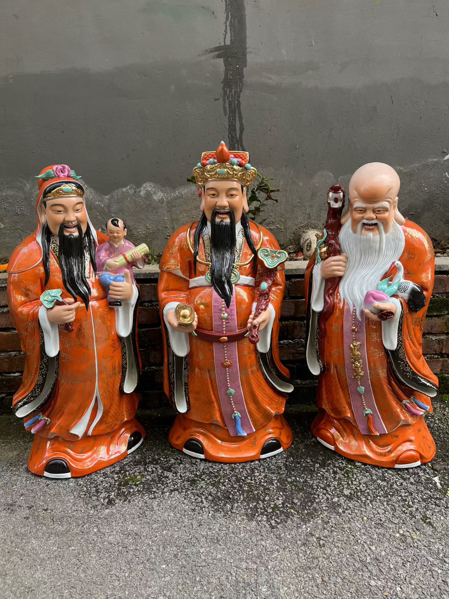景德镇红色雕塑陶瓷福禄寿三星摆件店铺居家乔迁祝生日礼品佛像88