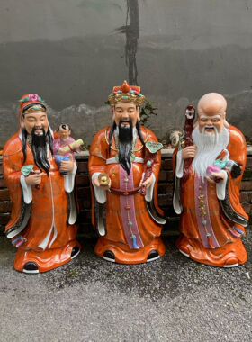 景德镇红色雕塑陶瓷福禄寿三星摆件店铺居家乔迁祝生日礼品佛像88