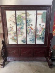 新中式瓷板画景德镇陶瓷画实木四联屏美女花卉客厅挂屏餐厅装饰画