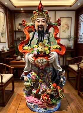聚宝盆文财神景德镇陶瓷器雕塑站像托宝中式店铺公司开业摆件一米