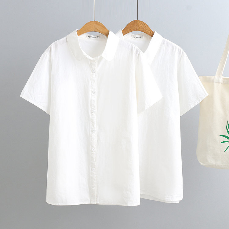 胖mm白衬衫女大码短袖职业上衣遮肚工作服简约全棉韩版衬衣200斤