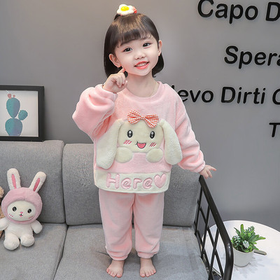 女童秋冬装法兰绒加绒加厚睡衣两件套卡通可爱女宝宝家居服套装潮