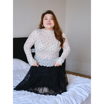 zooobaby01/04韩系简约碎花长袖网纱打底衫百搭上衣