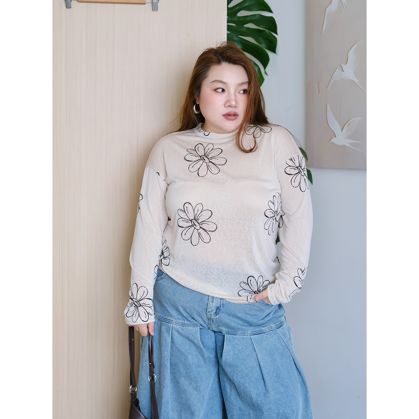 zooobaby07/28韩系简约百搭花朵长袖打底罩衫T恤女上衣