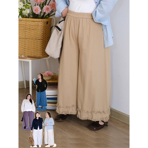 zooobaby03/25日系复古花边阔腿裤女宽松显瘦高腰休闲九分裤子