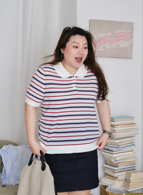 zooobaby04/25韩系条纹polo领针织短袖女t恤宽松内搭半袖拼色上衣