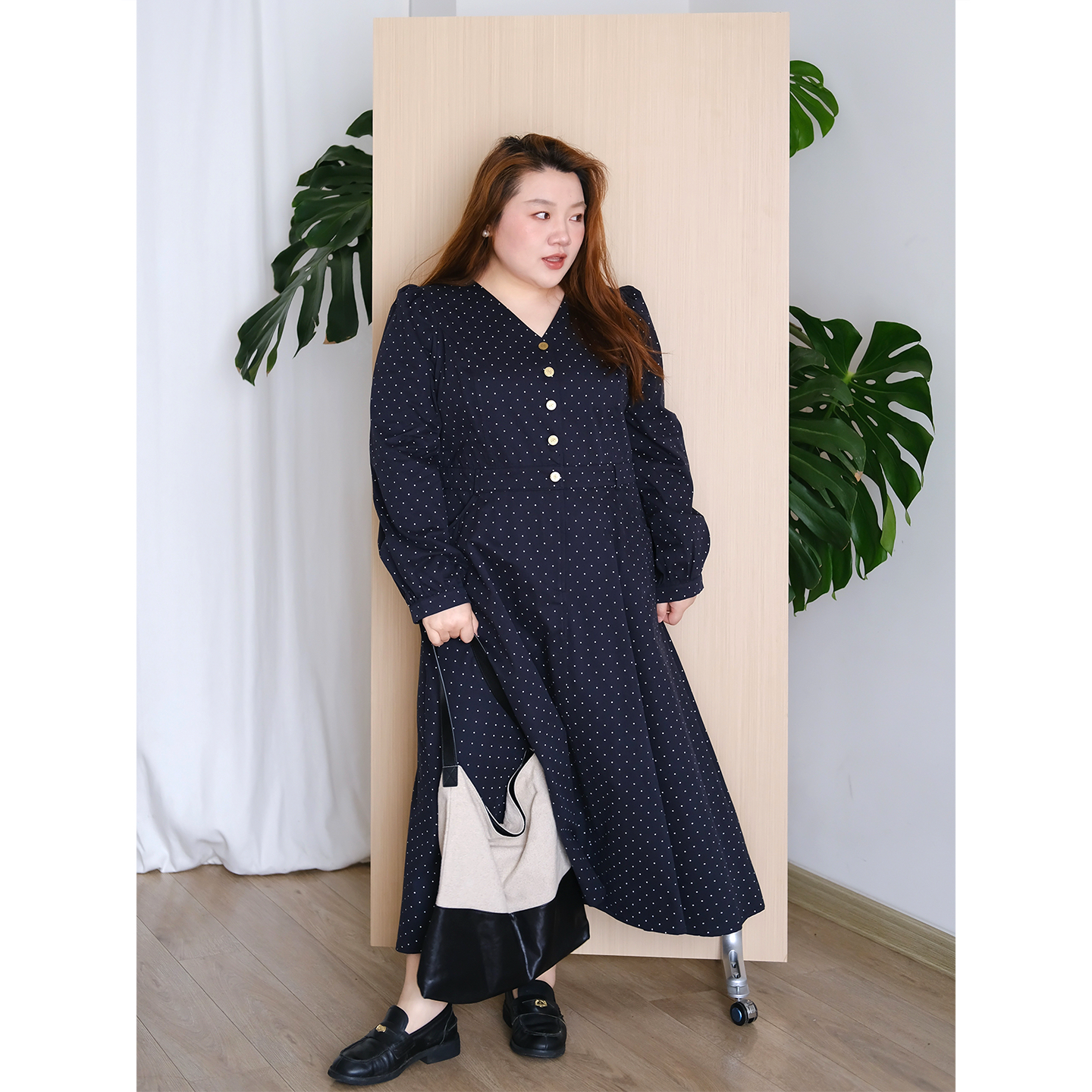 zooobaby09/22韩系简约波点V领长袖连衣裙宽松显瘦气质长裙