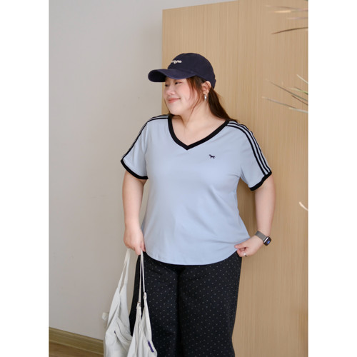 zooobaby03/18早春新品韩系简约百搭显瘦V领撞色条纹短袖T恤上衣