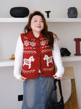 zooobaby01/22韩系胖mm早春新年马年针织开衫马甲上衣