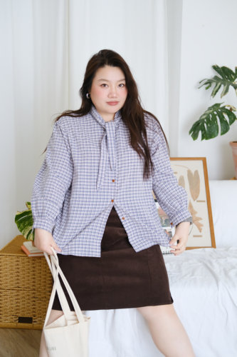 zooobaby大码女装韩系初秋微胖mm撞色格子设计感衬衫上衣百搭衬衣