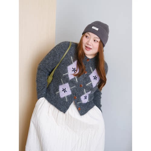 zooobaby11/09韩系简约撞色菱格针织开衫女显瘦上衣