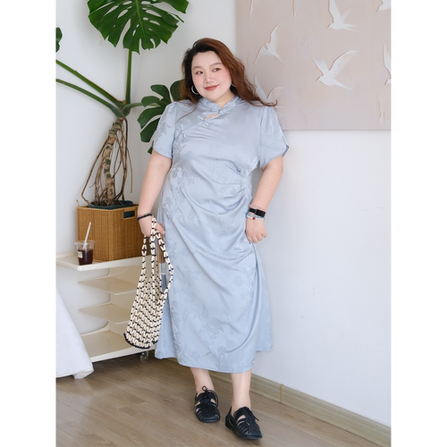 zooobaby06/19新中式改良旗袍气质收腰提花连衣裙子褶皱遮肚子