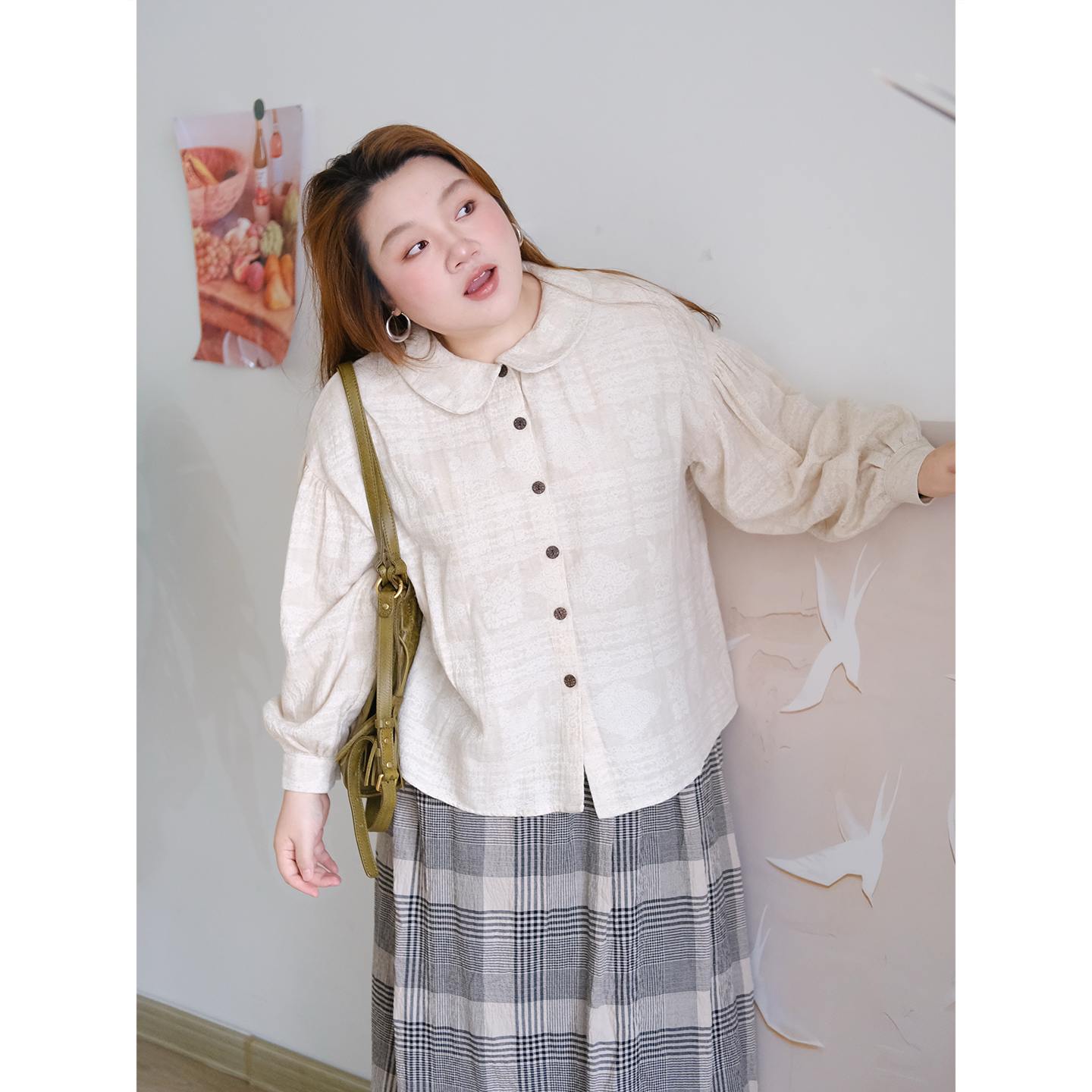 zooobaby09/22娃娃领提花衬衫女宽松显瘦上衣衬衣