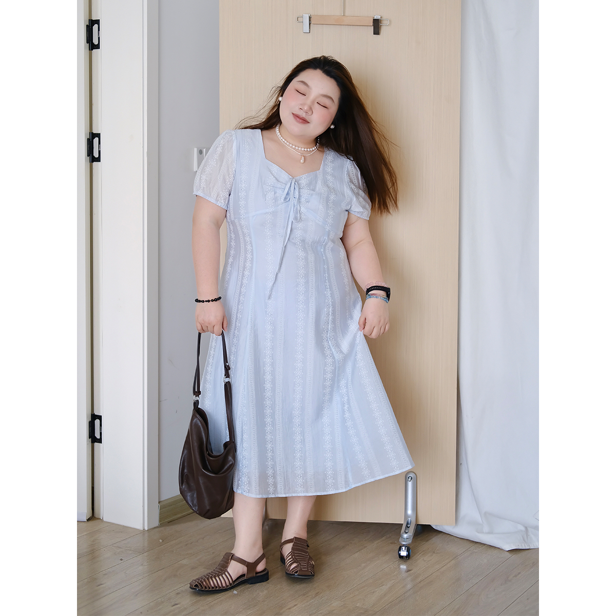zooobaby05/06韩系简约气质连衣裙女收腰显瘦方领泡泡袖长裙子
