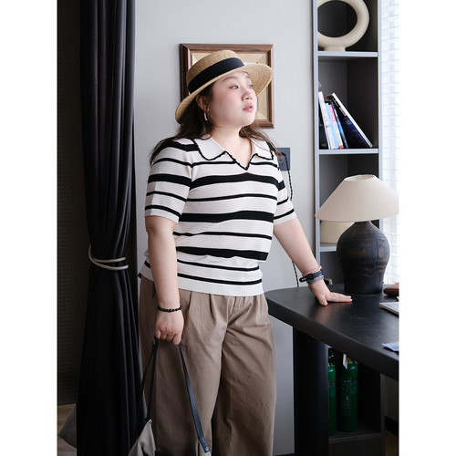 zooobaby04/03晚八点韩系撞色条纹polo领宽松显瘦针织衫上衣