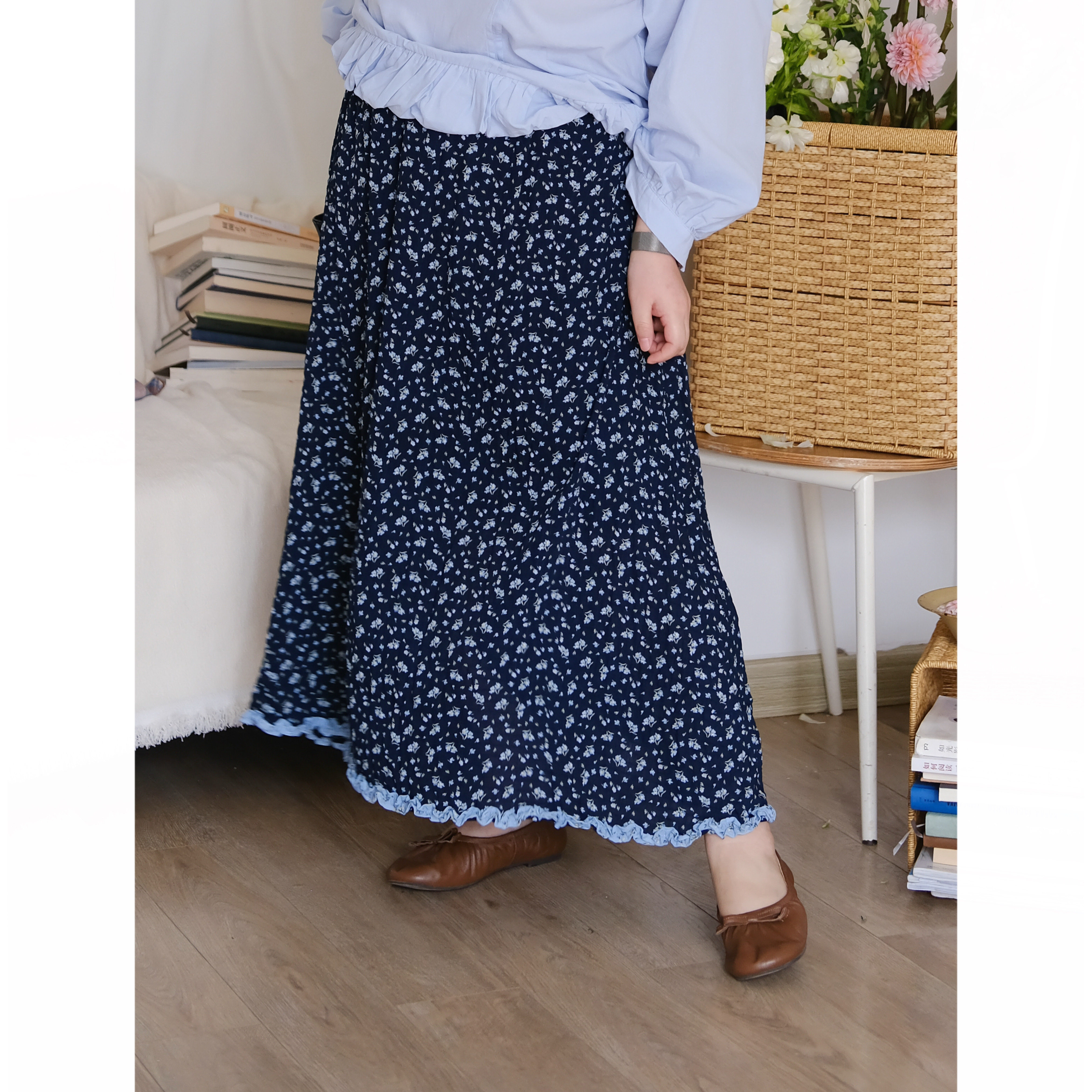 zooobaby03/25法式田园风碎花半身裙女高腰显瘦木耳边装饰A字伞裙