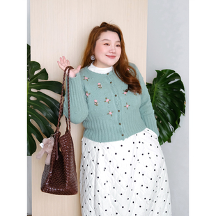 zooobaby12/08韩系简约立体花朵圆领针织开衫女显瘦收腰毛衣外套