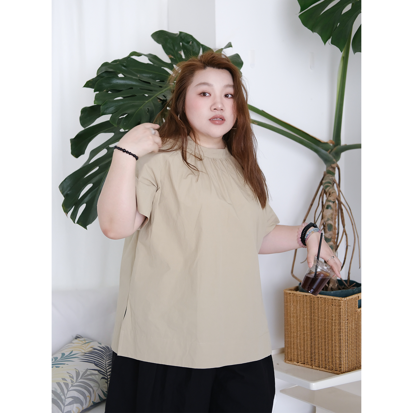 zooobaby07/08韩系纯色宽松圆领小众设计感衬衫短袖上衣