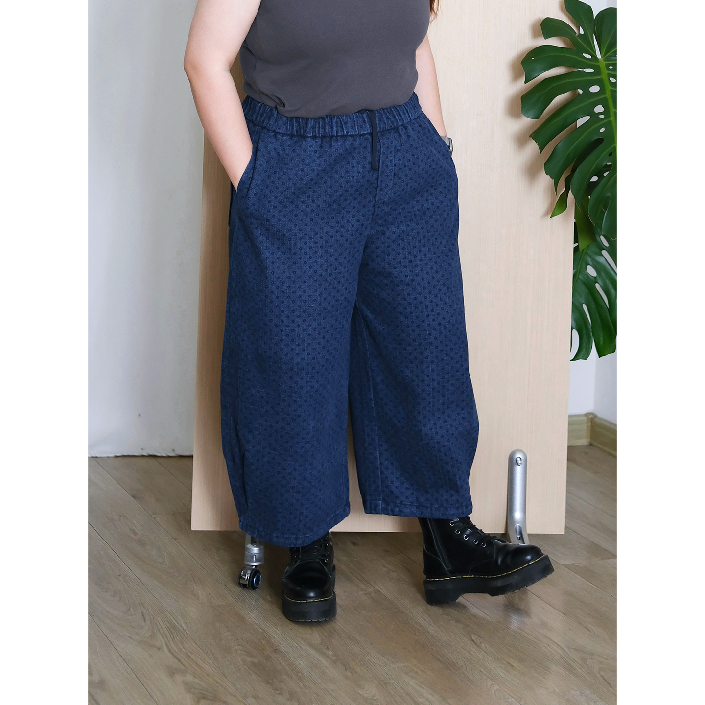 zooobaby10/20韩系简约松紧腰阔腿裤八分裤女宽松显瘦休闲裤