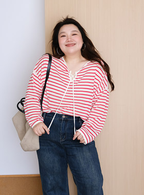 zooobaby05/22韩系条纹小v领翻领长袖t恤罩衫女外搭上衣