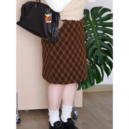zooobaby11/24韩系简约格纹A字裙复古长款百搭半身裙