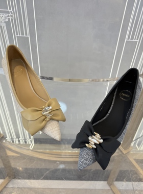 皇冠老店正品 SKP高奢品牌断码亚麻蝴蝶结矮跟单鞋  T37999