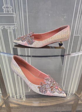 Cimior2026新款粉色手工蕾丝镶钻蛇皮拜占庭矮跟单鞋女夏CS26246