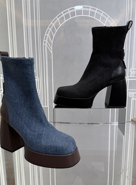 皇冠老店正品 SKP轻奢品牌断码撤柜 时尚水台粗高跟瘦瘦靴 CFM359