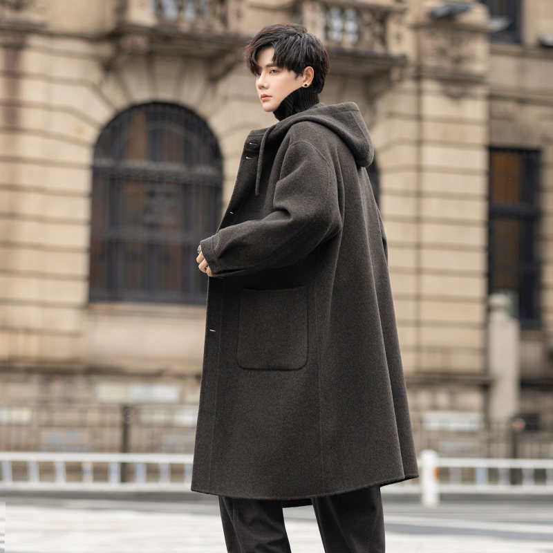 2025新款设计款连帽双面羊毛呢子大衣男士中长款冬季加厚风衣外套