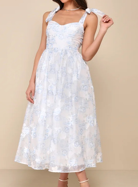 外贸单LU家少女风情蓝白色缇花网纱绑带蝴蝶结设计连衣裙度假长裙