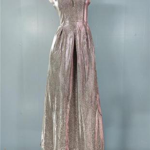 外贸超高气场闪闪金粉吊带露背褶皱大摆晚会红毯主持走秀礼服晚装