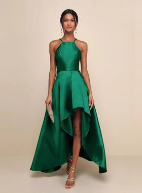 外贸单LU家气场宴会派对高品质吊带显瘦绿色显白个性拖尾连衣长裙