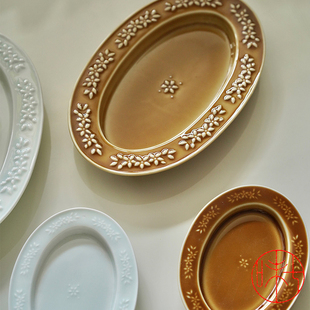 日常需要小清新～立体浮雕印花陶瓷椭圆壶承盘子菜碟日式餐具