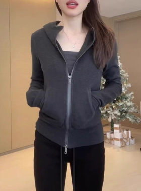 韩系简约修身连帽双面绒卫衣外套女冬加绒拉链开衫小个子保暖上衣