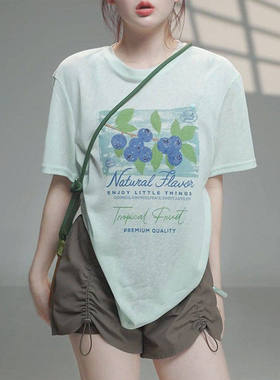 薄荷绿色印花短袖t恤女士夏季薄款2026新款上衣宽松爆款圆领体恤